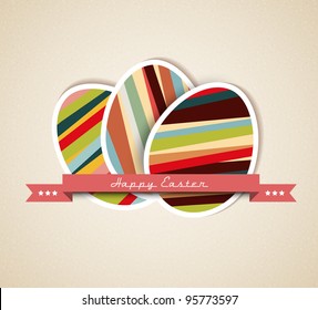 Vector retro Paper card with striped easter eggs and red ribbon