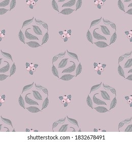 Vector retro pastel leaves and berries pattern print background.