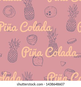 Vector Retro Pina Colada on Dusty Pink seamless pattern design.