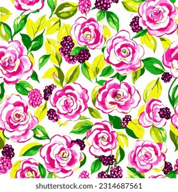 vector retro pink flowers green leaves seamless pattern