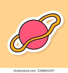 Vector Retro Pink Planet sticker isolated on yellow background. 70s style cartoon icon