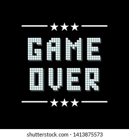 Vector Retro Pixel Game Over Sign with Stars on Black Background. Gaming Concept. Video Game Screen.