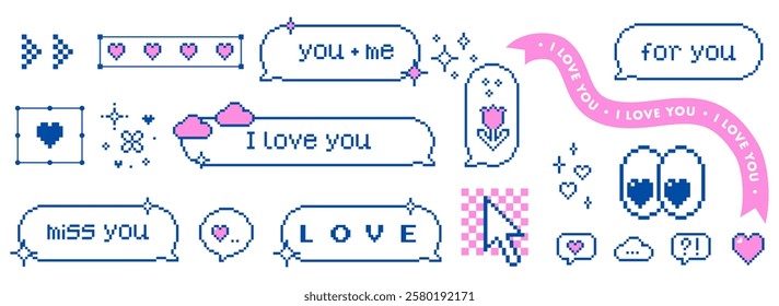 Vector retro pixel speech bubbles with love text, heart, eyes, flower, cloud and game romantic elements. Love phrases. Cloud balloon. Y2k box shapes. Vintage design for messages in retro 80s style