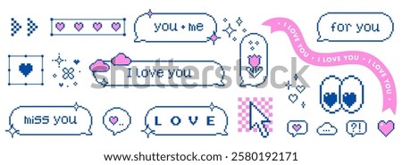 Vector retro pixel speech bubbles with love text, heart, eyes, flower, cloud and game romantic elements. Love phrases. Cloud balloon. Y2k box shapes. Vintage design for messages in retro 80s style
