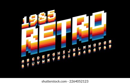 Vector de letra y alfabeto retro pixelado en negrita de 8 bits. Tipo de letra retro Diseño decorativo Letras y números geométricos Vector abc, Tipo de letra con bandas de píxeles vintage, afiches, muestras de pancartas, colores retro de los años 80