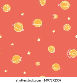 Vector Retro Planets with Stars in Space seamless pattern background.