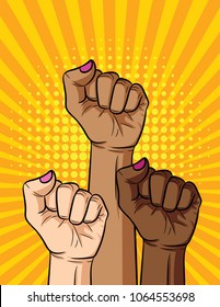 Vector retro pop art comic style illustration of woman's fist different nationalities and skin color. Vintage poster of a girl's power