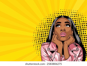 Vector retro pop art style illustration of a boring woman's face. African American woman looks up thoughtfully