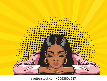 Vector retro pop art style illustration of a boring woman's face. African American woman sitting thoughtfully