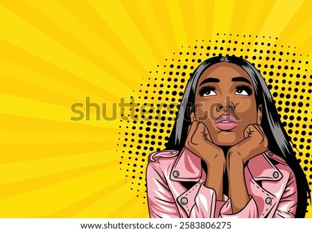 Vector retro pop art style illustration of a boring woman's face. African American woman looks up thoughtfully