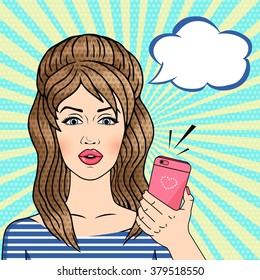 Vector retro Pop art woman holding pink mobile phone with talk cloud in comic style