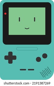 Vector of a retro portable console. Retro video games, gaming life. Retro childhood in the nineties. Happiness and video games. Video game console with a happy face.