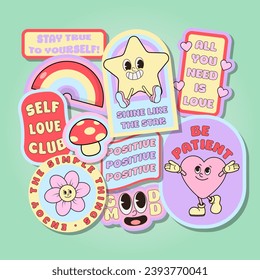 Vector retro positive vibes for selflove sticker or label or badge set with motivational quotes