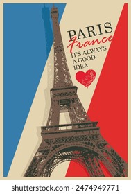 vector retro postcard with the Eiffel Tower in Paris on the background of the French flag in vintage style and words I love Paris on background of old paper