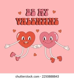 Postal vectorial retro con pareja de corazones. Sé mi texto de San Valentín. Afiche del día de San Valentín con frases. Amor y romance. Divertido saltar corazones a 2000.