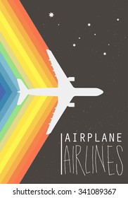 Vector retro poster with airplane, rainbow and airplane stream jet, pop-art minimalistic style, for travel agencies, aviation companies