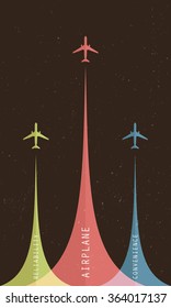 Vector retro poster with airplanes and airplane stream jets, pop - art minimalistic style, card for travel agencies, aviation companies.  Airplanes in the sky.