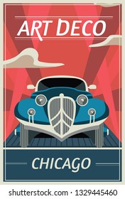 Vector retro poster in art Deco style. Chicago. Retro car on the road. Vintage travel illustration.