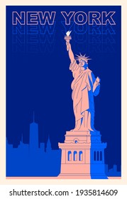 Vector retro poster in art Deco style. New York. Cityscape. The statue of liberty. Seaport. Flat design.