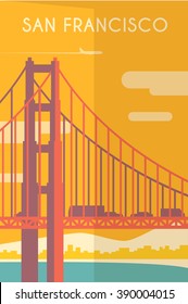 Vector Retro Poster In Art Deco Style. San Francisco. California. The Golden Gate Bridge. Flat Design.