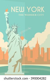 Vector retro poster in art Deco style. New York. Cityscape. The statue of liberty. Seaport. Flat design.