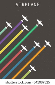 Vector retro poster with biplanes and airplane stream jet, pop-art minimalistic style, for travel agencies, aviation companies