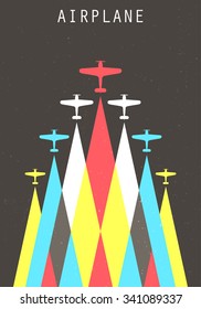 Vector Retro Poster With Biplanes And Airplane Stream Jet, Pop-art Minimalistic Style, For Travel Agencies, Aviation Companies