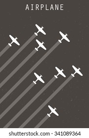 Vector retro poster with biplanes and airplane stream jet, pop-art minimalistic style, for travel agencies, aviation companies