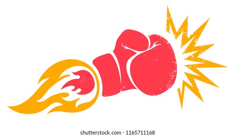 Vector retro poster for a boxing with glove. Retro emblem for boxing with red  glove with flame