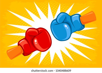 Vector retro poster for a boxing with two gloves. Retro emblem for boxing with red and blue gloves.