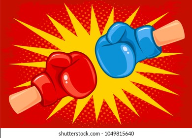 Vector retro poster for a boxing with two gloves. Retro emblem for boxing with red and blue gloves on vintage background.