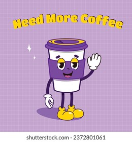  Vector retro poster with cartoon coffee mascot characters funny colorful characters in groovy style Vector hand drawn eco cup illustration