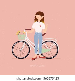 Vector retro poster with cheerful girl and vintage bicycle. Modern trendy illustration. Hipster fashion. Cute cartoon lifestyle illustration
