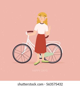 Vector retro poster with cheerful girl and vintage bicycle. Modern trendy illustration. Hipster fashion. Cute cartoon lifestyle illustration