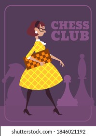 Diseño de afiches vectores retro para club de ajedrez con chica