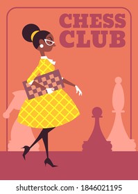 Diseño de afiches vectores retro para club de ajedrez con chica