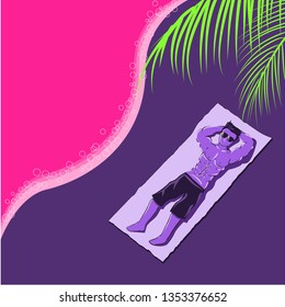 A vector retro poster with a handsome man. Relax on beach