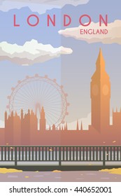 Vector retro poster. Holidays in London, England. Big Ben. The River Thames. Flat design.