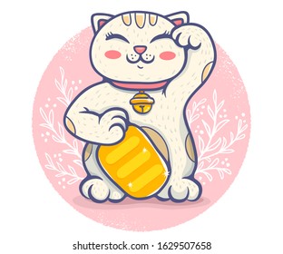 Vector retro poster with lucky cat. Neko on pink background with plants. Vector kawaii lucky cat