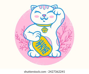 Vector póster retro con gato de la suerte. Neko sobre fondo rosa con plantas. Vector kawaii gato de la suerte. Makeki Neko.