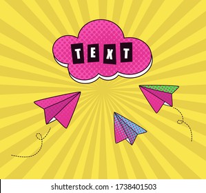 Vector retro poster of a message exchange over the Internet. Concept for online communications, chats, social networks, information exchange, news and videos. Paper airplanes in the style of pop art.
