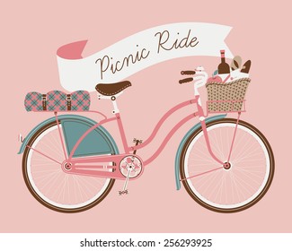 Vector retro poster on picnic ride with vintage bicycle with dress guard, wicker basket full of food like wine bottle, bread and apple and folded blanket fastened to rear rack, pink background