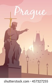 Vector retro poster. Prague. Charles bridge. Flat design.