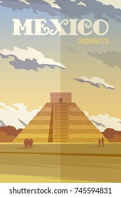 Vector Retro Poster. Pyramid  Chichen Itza. The Landmark Of Mexico. Travel Poster. Flat Design.