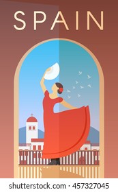 Vector retro poster. Spain. Flamenco dancer in red dress with fan in her hand. Flat design.