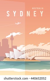 Cartel retro vector. Sydney, Australia. Ópera. Puente del puerto. Diseño plano.