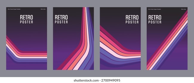 Vector retro poster templates with curved geometric lines in orange yellow and pink tones on beige background for vintage design and nostalgic wall art collection