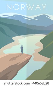 Vector retro poster. Trolltunga. Man looks at the sky. The Nature Of Norway. Flat design.