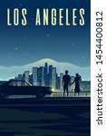 Vector retro poster. Vertical illustration. LA. Los Angeles. Man and Woman look at the night city. Couple in love. Cityscape.
