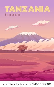 Afiche retro vector. Ilustración vertical. Tanzania. El volcán Kilimanjaro. Amanecer. Paisaje.